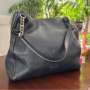 Tory Burch Black Leather Shoulder Bag with Gold Chain